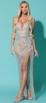 MAXI SKIRT AND CROP TOP SET ELLA GLITTER LACE SILVER AND NUDE