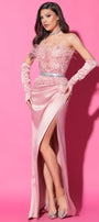 MAXI SKIRT AND CROP TOP SET ADDISON GLITTER LACE FEATHERS SATIN POWDER PINK