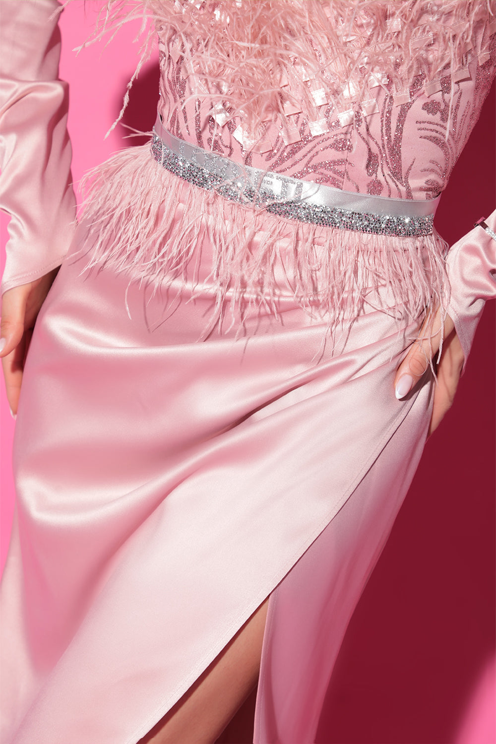 BELT MARABU FEATHERS RHINESTONE POWDER PINK