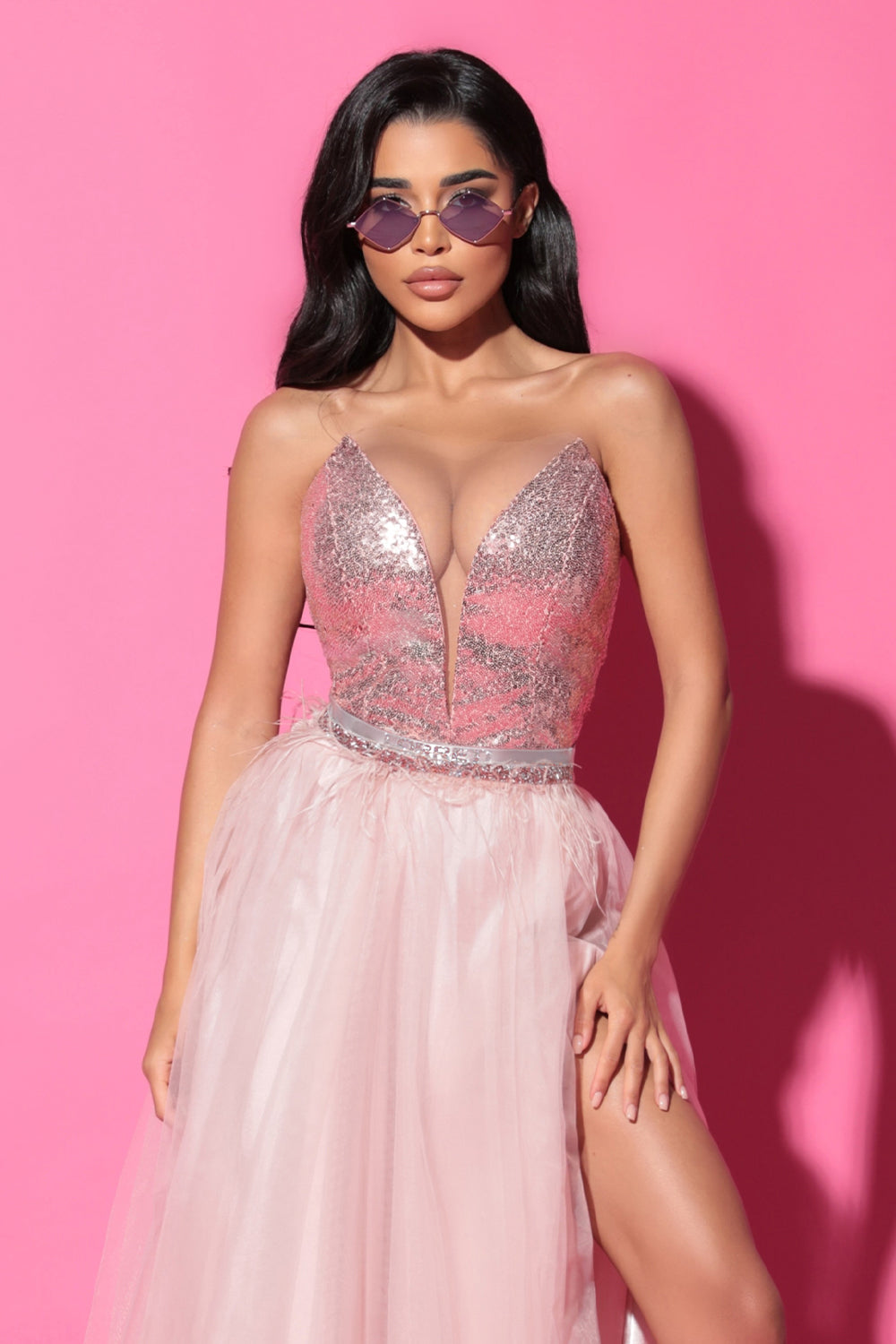 BELT MARABU 2B FEATHERS RHINESTONE ROSE GOLD