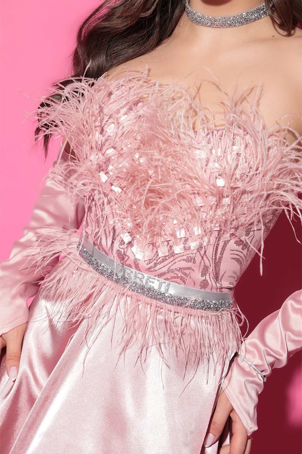 BELT MARABU FEATHERS RHINESTONE POWDER PINK