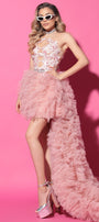 MAXI SKIRT AND CROP TOP SET AMINA LACE TULLE POWDER PINK