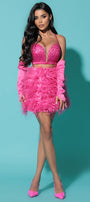 MINI SKIRT AND CROP TOP SET BRIANA SEQUIN FEATHERS HOT PINK