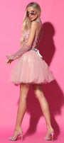 MINI SET TOP CU FUSTA RAYA DANTELA GLITTER TUL ROZ PUDRA