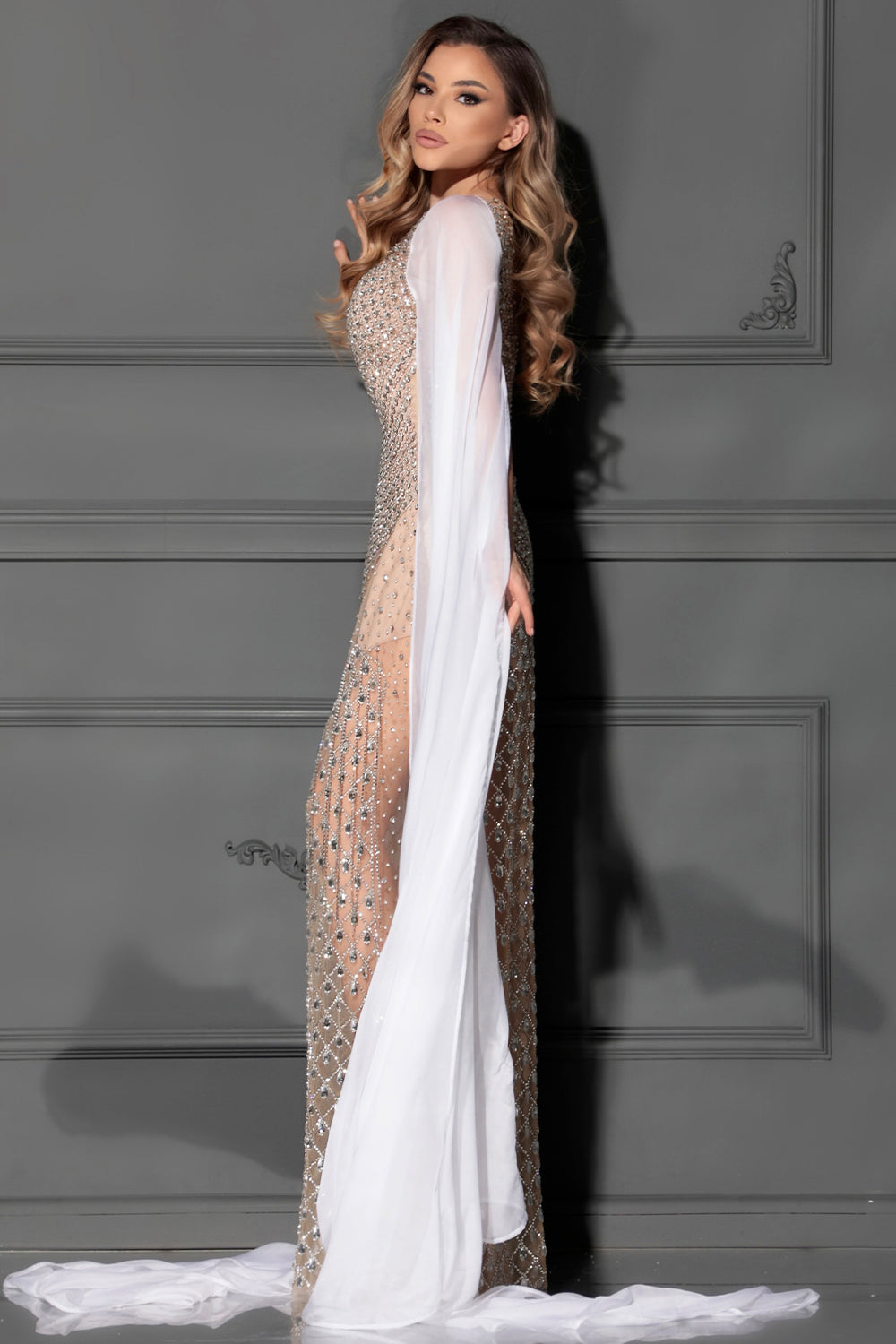 MAXI DRESS ARABIAN NIGHT CHIFFON RHINESTONE SATIN CHAMPAGNE AND WHITE