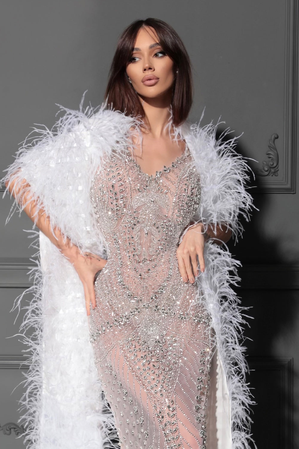 MAXI DRESS FALLEN ANGEL RHINESTONE FEATHERS CHAMPAGNE AND WHITE