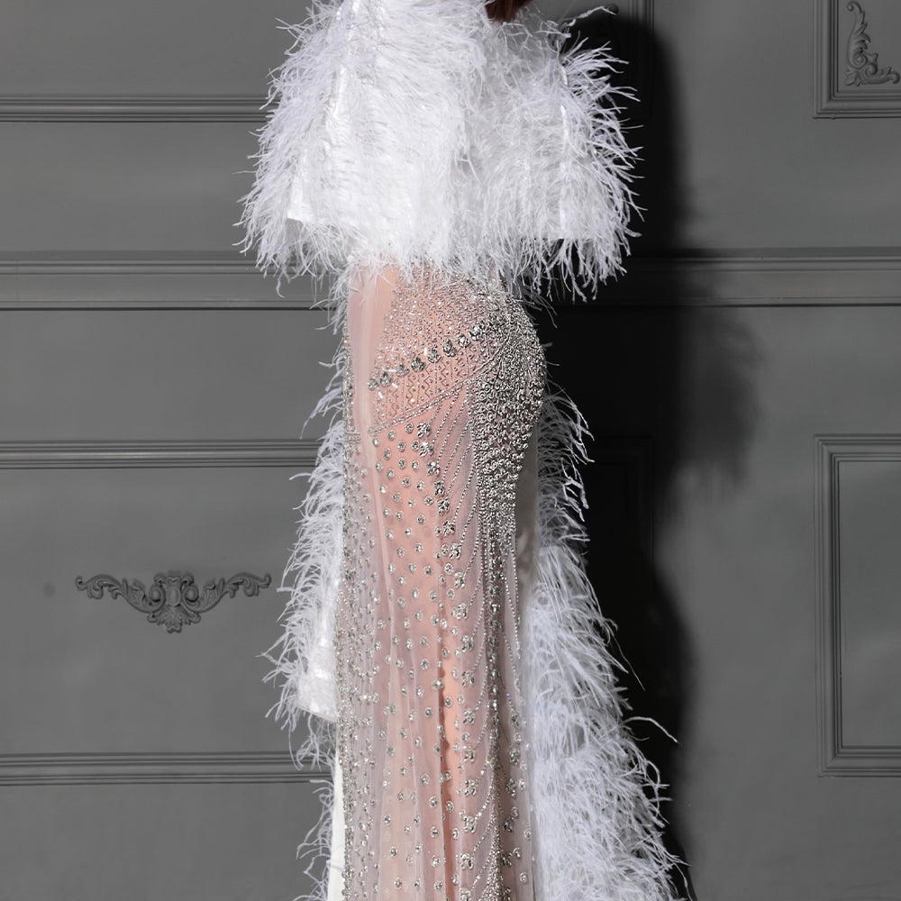 МAXI VESTITO FALLEN ANGEL STRASS PIUME CHAMPAGNE CON BIANCO