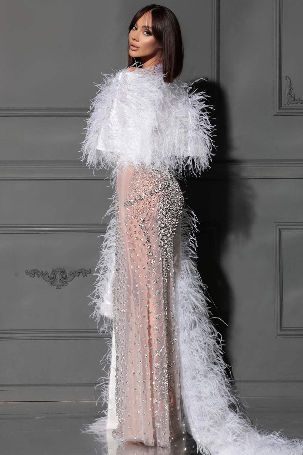 MAXI DRESS FALLEN ANGEL RHINESTONE FEATHERS CHAMPAGNE AND WHITE