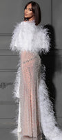 МAXI VESTITO FALLEN ANGEL STRASS PIUME CHAMPAGNE CON BIANCO