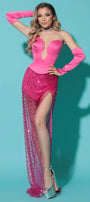 MAXI SKIRT AND CROP TOP SET ELIA SATIN SEQUIN HOT PINK