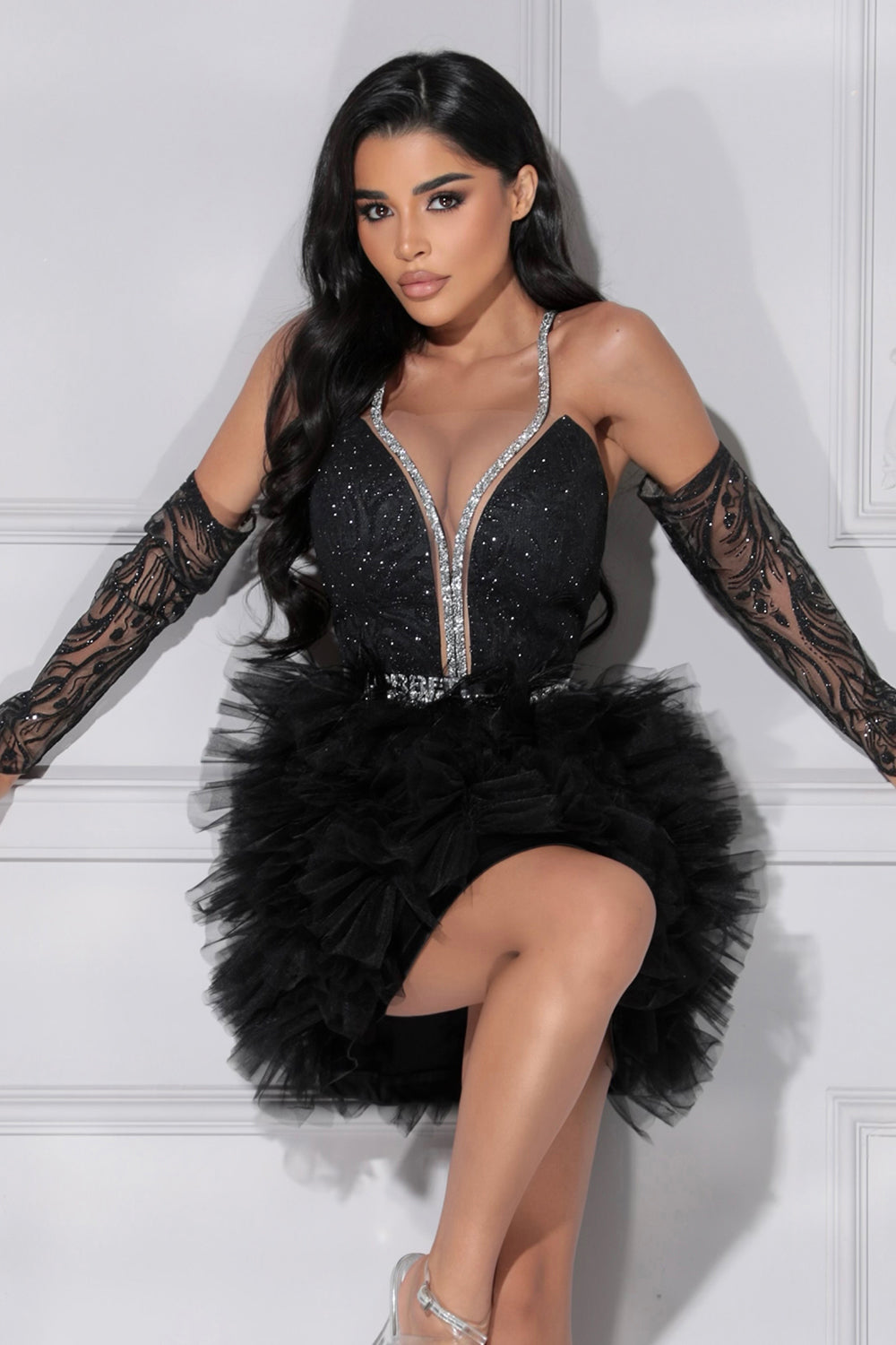 GLOVES GLITTER LACE BLACK