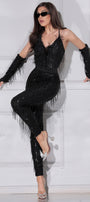 MAXI CROP TOP AND PANTS SET DANIELA SEQUIN FEATHERS BLACK