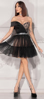 MINI CONJUNTO TOP CON FALDA SIENA ЕNCAJE BRILLANTE SATÍN TUL NEGRO