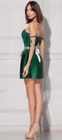 MINI SKIRT AND CROP TOP SET RENATA GLITTER LACE SATIN DARK GREEN