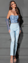 MAXI CROP TOP AND PANTS SET DAVINA GLITTER LACE SATIN LIGHT BLUE