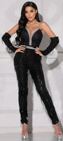 MAXI CONJUNTO TOP CON PANTALONES ESTELLA ЕNCAJE BRILLANTE LENTEJUELAS PEDRERÍA NEGRO