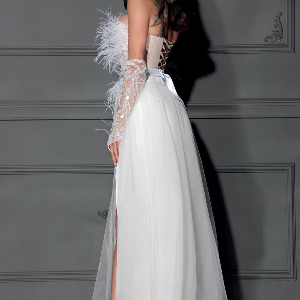 МAXI SET TOP CON GONNA EMBERLY PIZZO GLITTERATO PIUME RASO ТULLE BIANCO CON NUDO