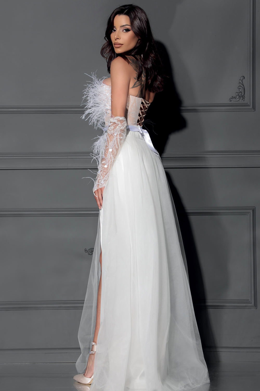 MAXI SKIRT AND CROP TOP SET EMBERLY GLITTER LACE FEATHERS SATIN