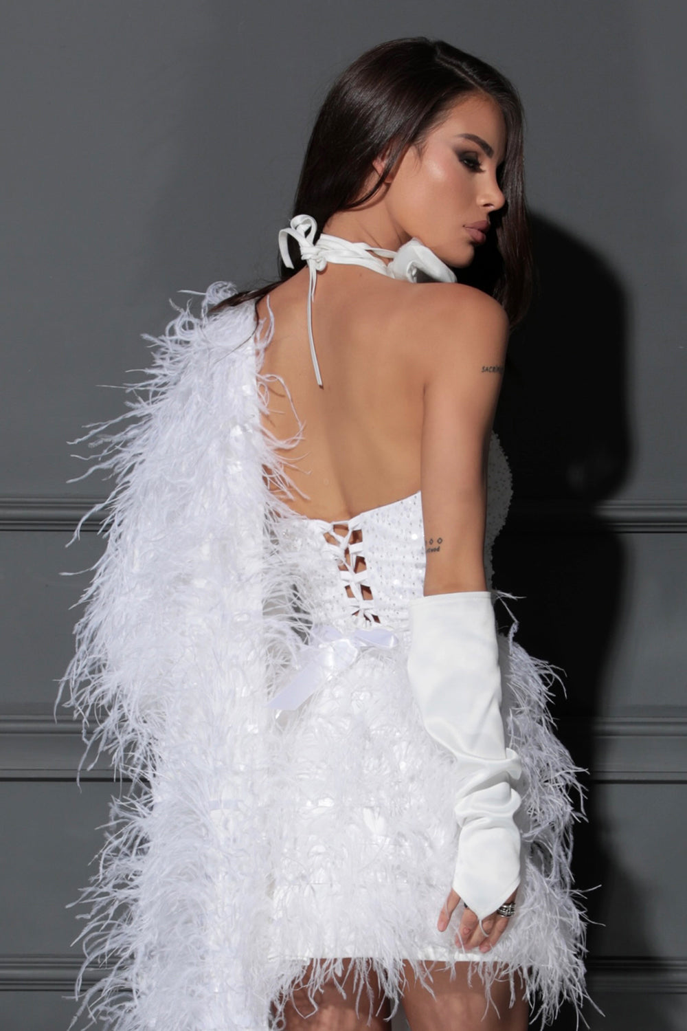 BELT MARABU 1A FEATHERS RHINESTONE WHITE
