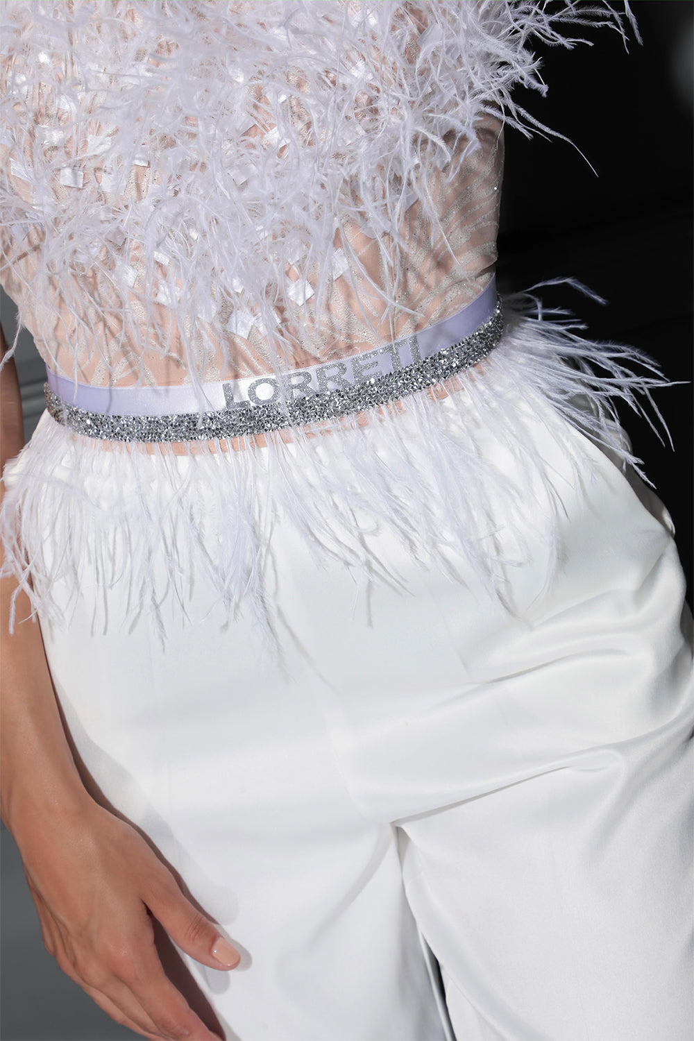 MAXI CROP TOP AND PANTS SET LILLIE GLITTER LACE FEATHERS SATIN WHITE AND NUDE