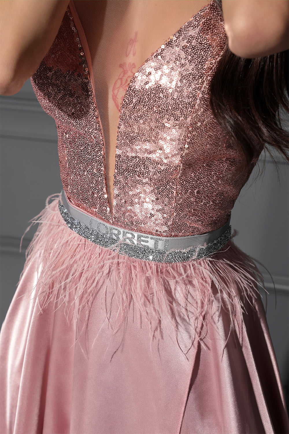 BELT MARABU FEATHERS RHINESTONE POWDER PINK