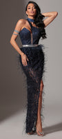 MAXI SKIRT AND CROP TOP SET DEANNA GLITTER LACE FEATHERS DARK BLUE