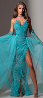 MAXI SKIRT AND CROP TOP SET CELESTE GLITTER LACE FEATHERS AZURE BLUE
