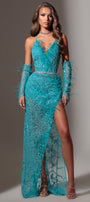 MAXI CONJUNTO TOP CON FALDA LONDON ЕNCAJE BRILLANTE PLUMAS AZUL CELESTE