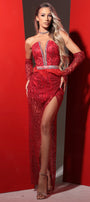MAXI SKIRT AND CROP TOP SET ADELINA GLITTER LACE RHINESTONE RED
