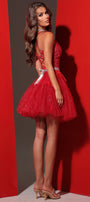 MINI SKIRT AND CROP TOP SET RAYA GLITTER LACE GLITTER TULLE RED