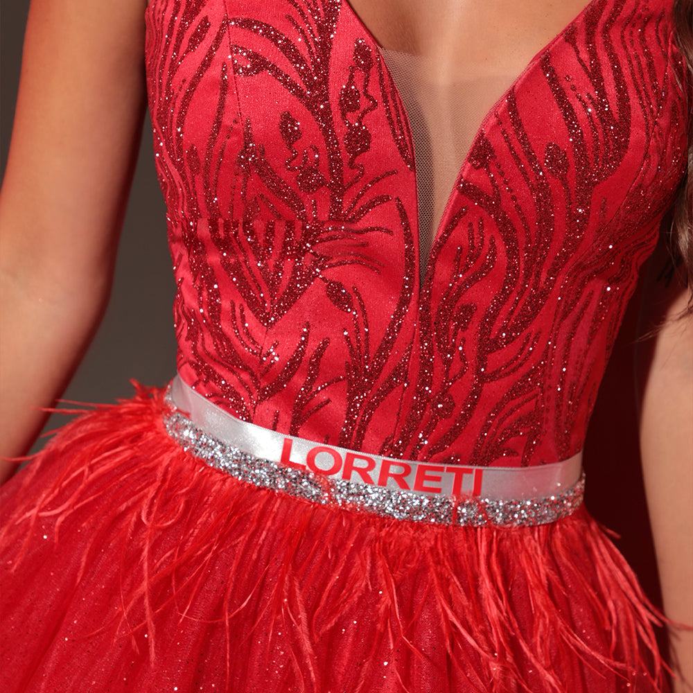 MAXI CONJUNTO TOP CON FALDA KENZIE ЕNCAJE BRILLANTE BROCADO DE TUL ROJO