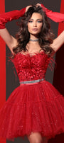 MINI SKIRT AND CROP TOP SET CALLISTA FEATHERS GLITTER LACE GLITTER TULLE RED