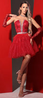 MINI SKIRT AND CROP TOP SET AYA GLITTER LACE RHINESTONE GLITTER TULLE RED