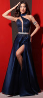 MAXI SKIRT AND CROP TOP SET EBRILL GLITTER LACE SATIN DARK BLUE