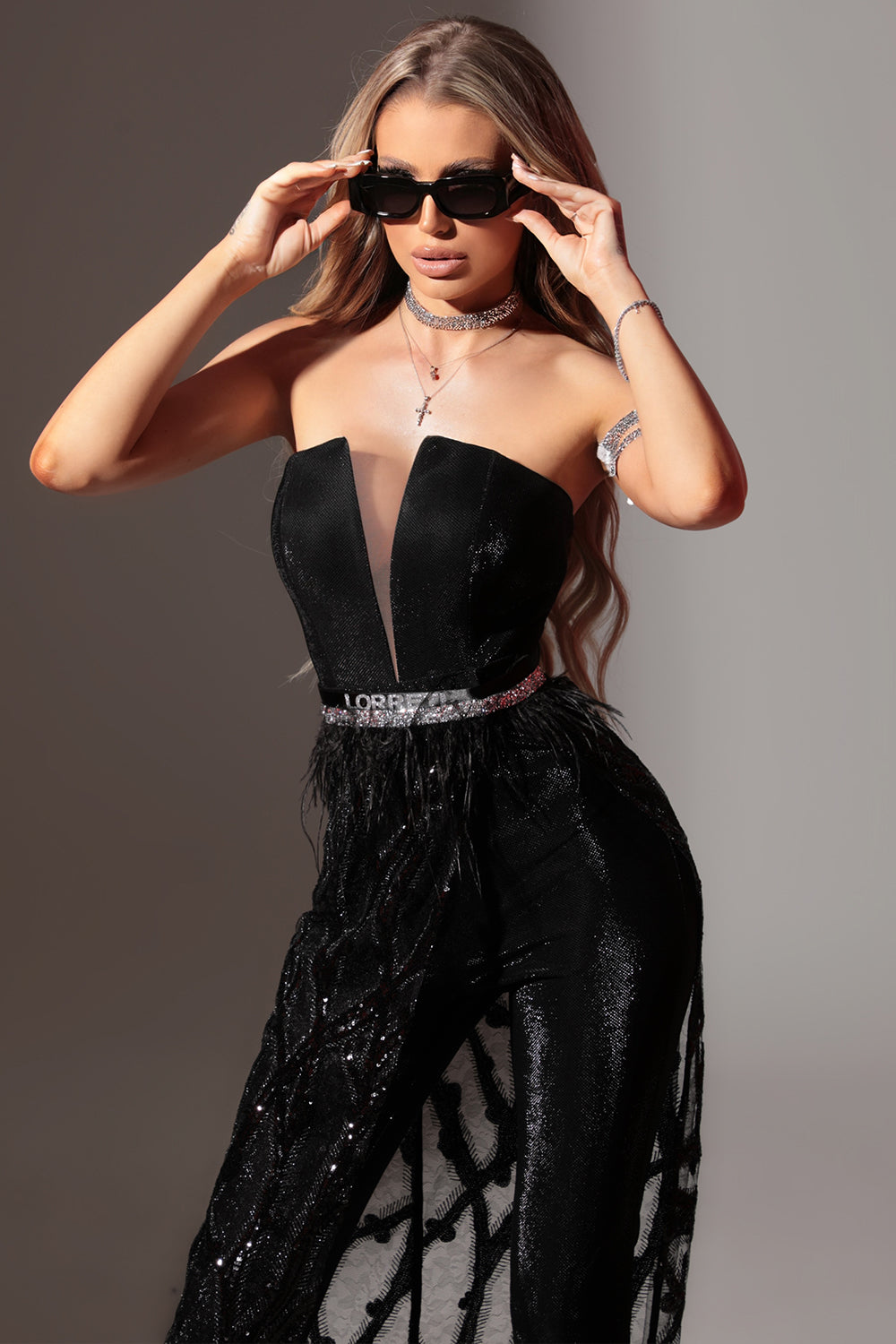 BELT MARABU 5B FEATHERS RHINESTONE BLACK