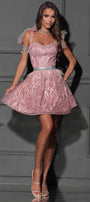 MINI SKIRT AND CROP TOP SET KIARA GLITTER LACE POWDER PINK