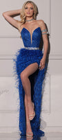 MAXI SKIRT AND CROP TOP SET EDEN GLITTER LACE FEATHERS COBALT BLUE
