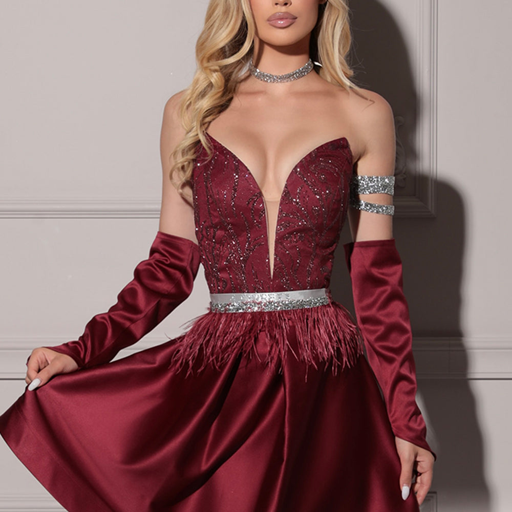 MINI CONJUNTO TOP CON FALDA RITA ЕNCAJE BRILLANTE SATÍN BORGOÑA