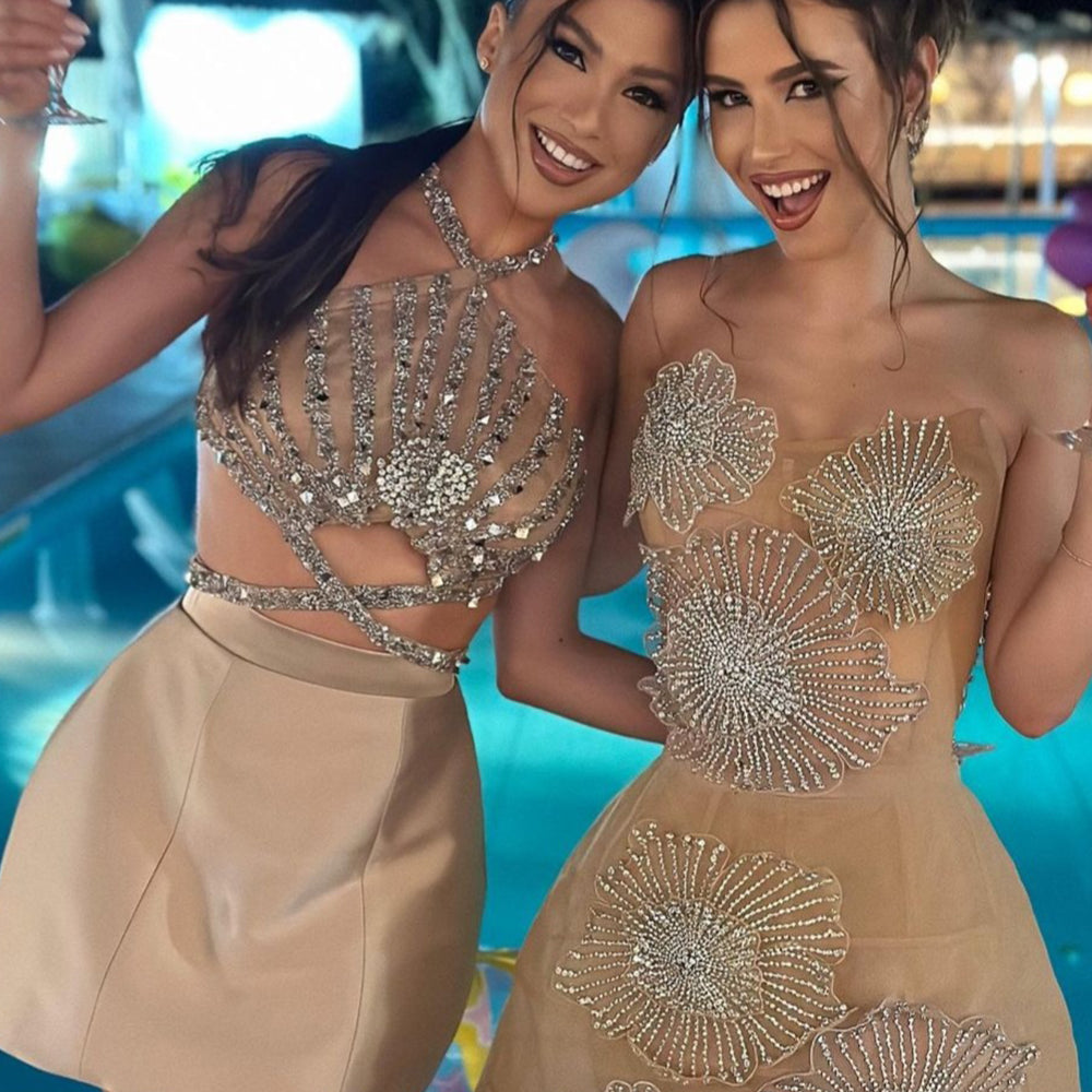 MINI SKIRT AND CROP TOP SET ISADORA RHINESTONE SATIN CHAMPAGNE