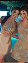 MINI SKIRT AND CROP TOP SET ISADORA RHINESTONE SATIN CHAMPAGNE