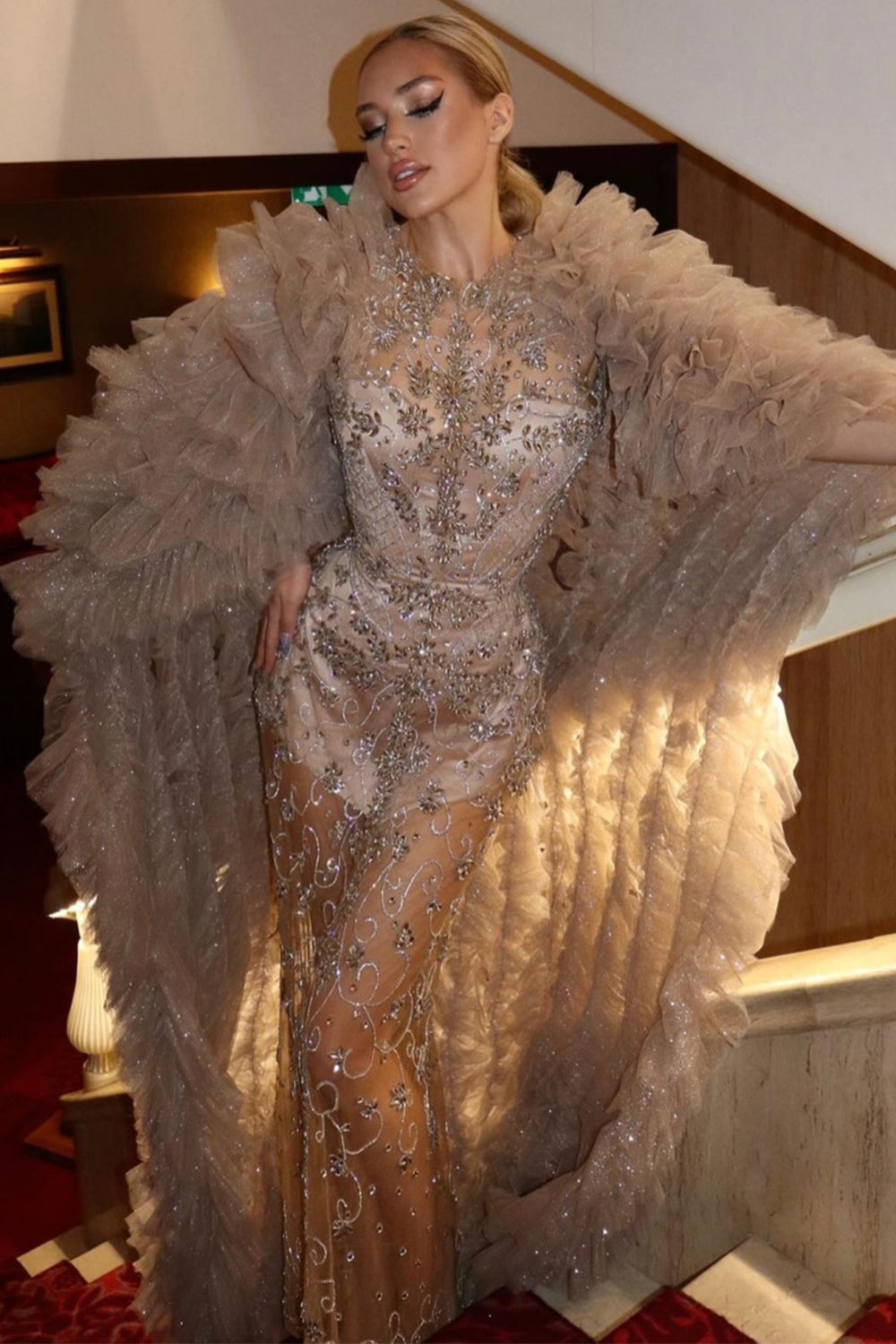 MAXI DRESS AND CLOAK CAROLINE RHINESTONE GLITTER TULLE CHAMPAGNE