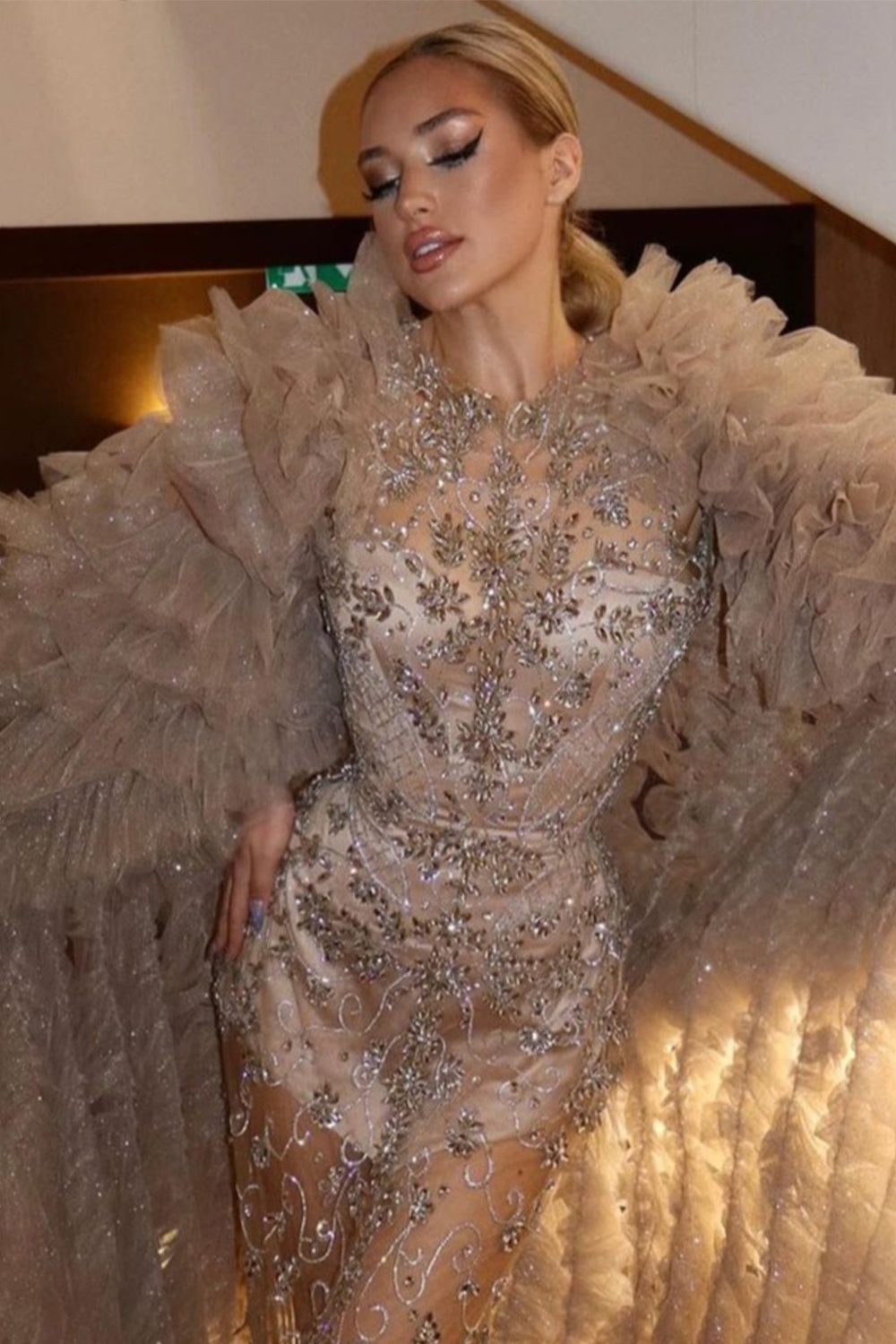 MAXI DRESS AND CLOAK CAROLINE RHINESTONE GLITTER TULLE CHAMPAGNE