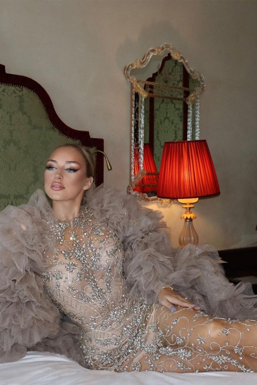 MAXI DRESS AND CLOAK CAROLINE RHINESTONE GLITTER TULLE CHAMPAGNE