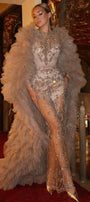 МAXI VESTITO E MANTELLO CAROLINE STRASS BROCCATO DI TULLE CHAMPAGNE