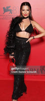 MAXI CROP TOP AND PANTS SET LEDA SEQUIN FEATHERS BLACK