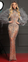 MAXI DRESS TERRY RHINESTONE SATIN FEATHERS SILVER AND NUDE
