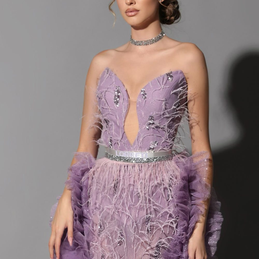 MAXI SKIRT AND CROP TOP SET NARCISSA RHINESTONE FEATHERS GLITTER TULLE LAVENDER