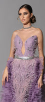 MAXI SKIRT AND CROP TOP SET NARCISSA RHINESTONE FEATHERS GLITTER TULLE LAVENDER