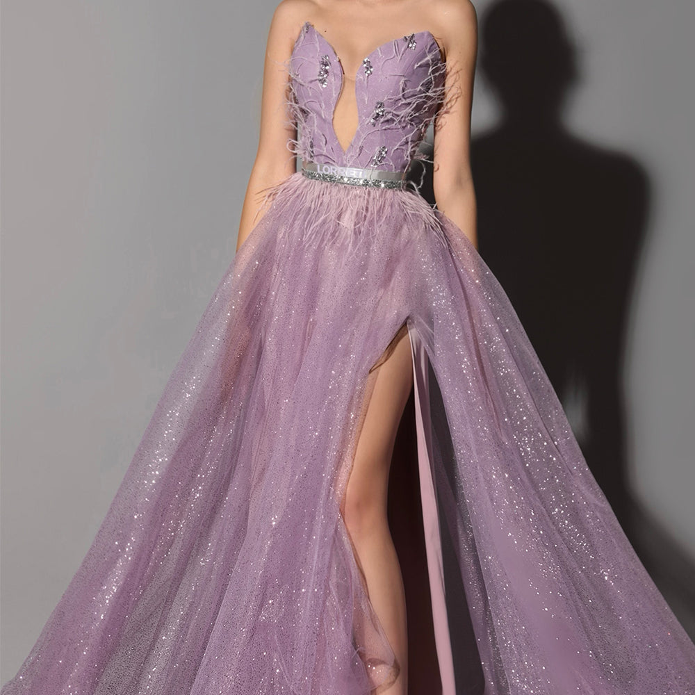 MAXI SKIRT AND CROP TOP SET MOLORA LACE SEQUIN GLITTER TULLE LAVENDER