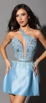 MINI SKIRT AND CROP TOP SET NERI LACE SATIN LIGHT BLUE